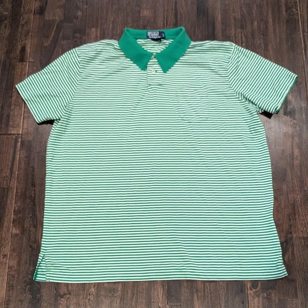 Vintage Polo Ralph Lauren Polo Shirt Mens 2XL Green Striped Collared 100% Cotton